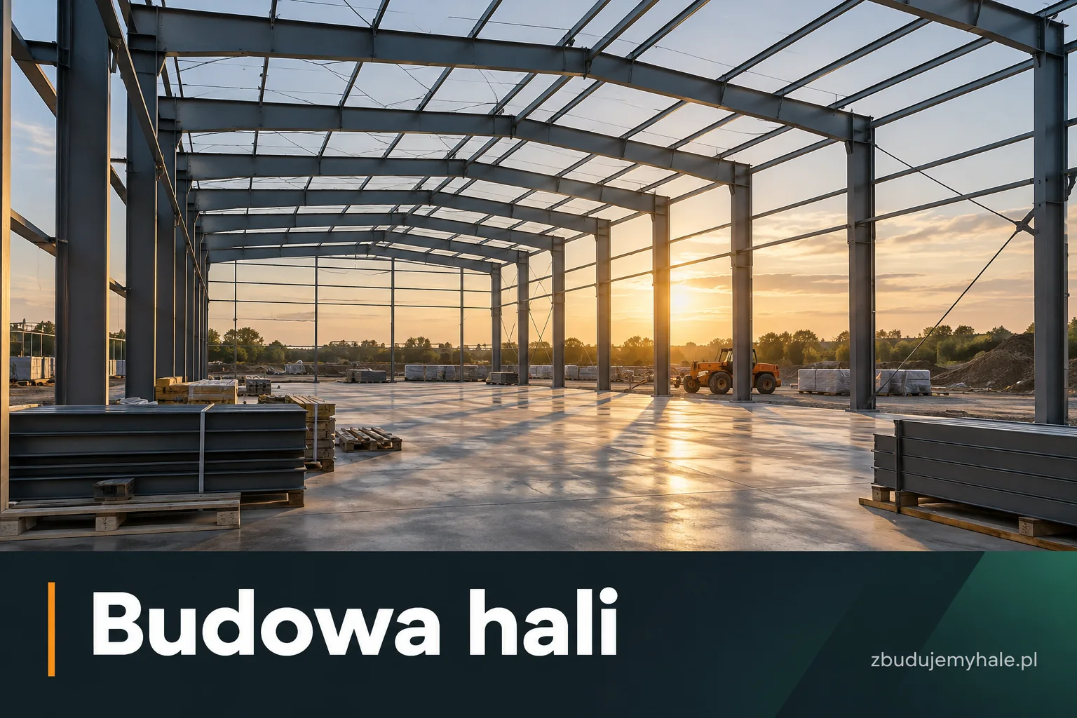 Ilustracyjna wizualizacja stalowego szkieletu hali na uporządkowanym placu budowy. Okładka poradnika: Jak przygotować inwestycję hali do wyceny.